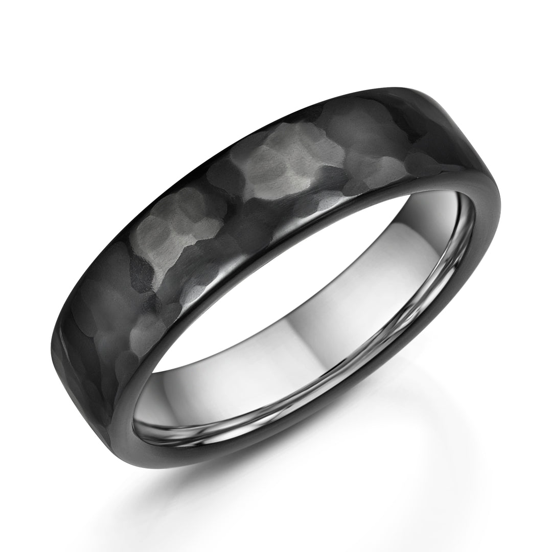 Zirconium - hammered black finish, Sterling Silver, Ring width: 6mm  , Profile: Flat , Hallmarked "Silver & Other Metal" by Birmingham Assay Office