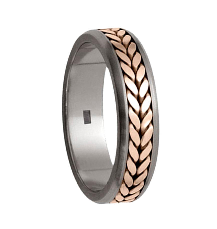 6mm wide Titanium Rope ring, Rope in 9ct Rose Gold, Flat profile, Hypoallergenic, Handmade in the UK, TS.LR808.G