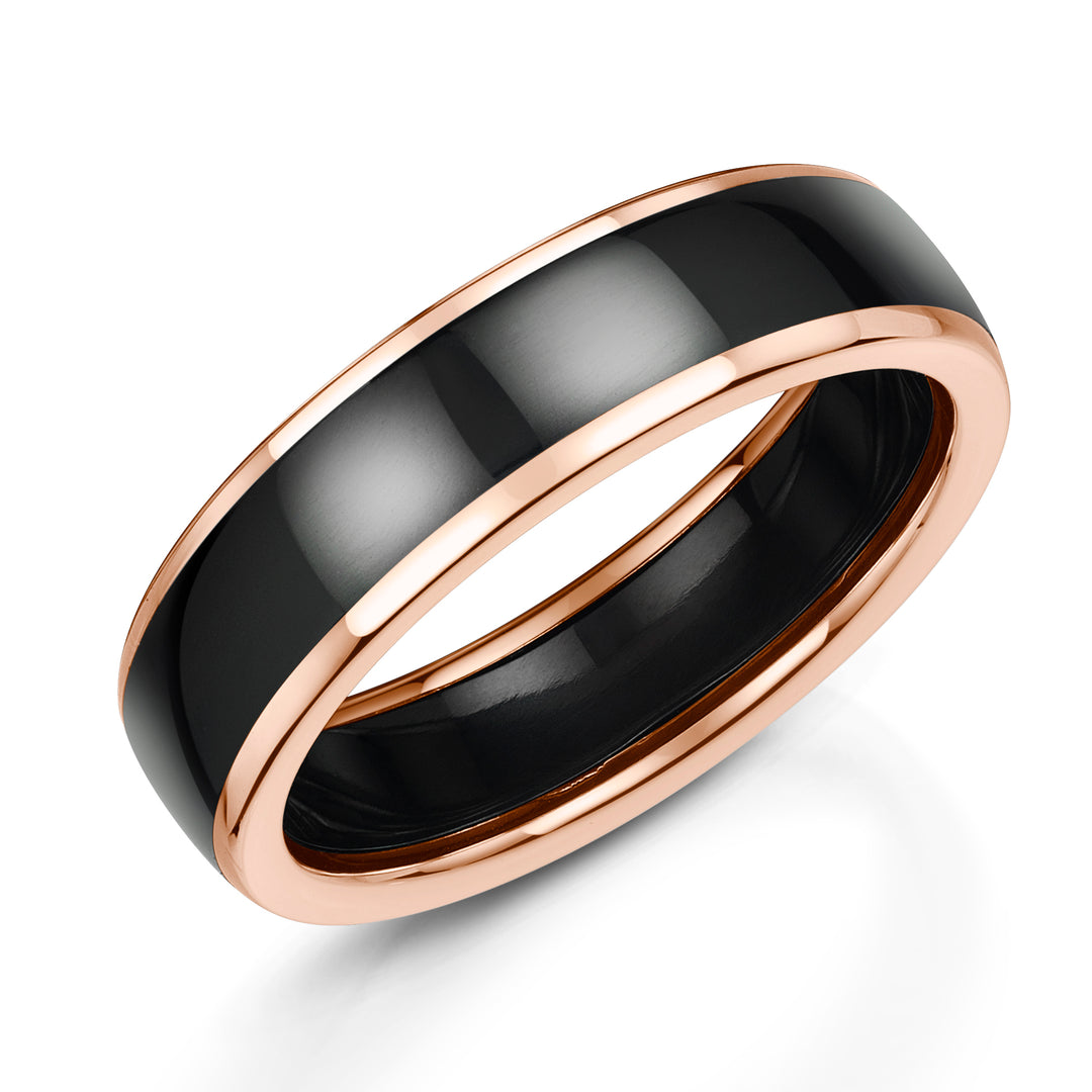 ZR6016R, Zirconium - polished black finish, 9ct Rose Gold, Ring width: 6mm  (Also available in 5mm width), Profile: Comfort Court, Hallmarked "9ct & Other Metal" by Birmingham Assay Office