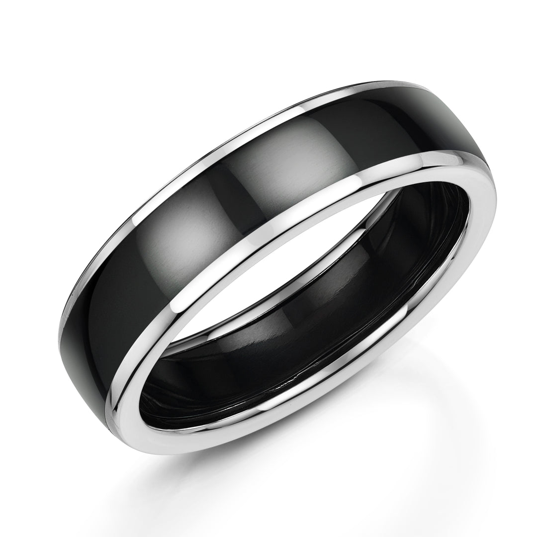 Zirconium - polished black finish, 9ct White Gold, Ring width: 6mm  (Also available in 5mm width), Profile: Comfort Court, Hallmarked "9ct & Other Metal" by Birmingham Assay Office