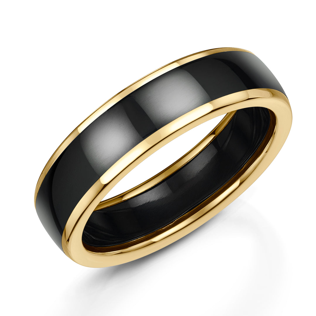 Zirconium - polished black finish, 9ct Yellow Gold, Ring width: 6mm  (Also available in 5mm width), Profile: Comfort Court, Hallmarked "9ct & Other Metal" by Birmingham Assay Office