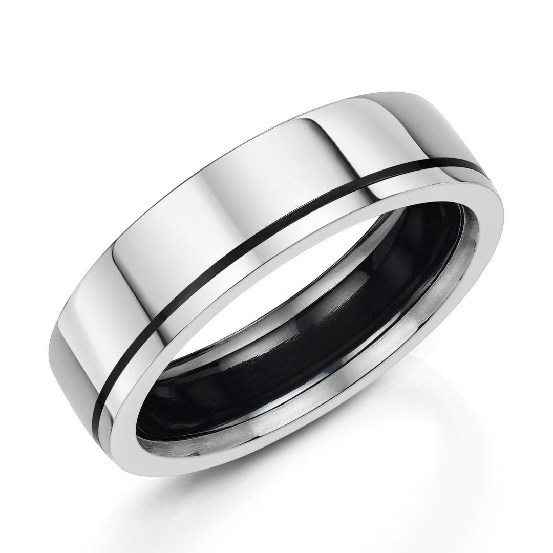 Zirconium - black finish, 9ct White Gold - polished, Also available in other precious metals - please ask us for details, 6mm wide, Comfort Flat profile, Hallmarked "9ct & Other Metal" by Birmingham Assay Office
