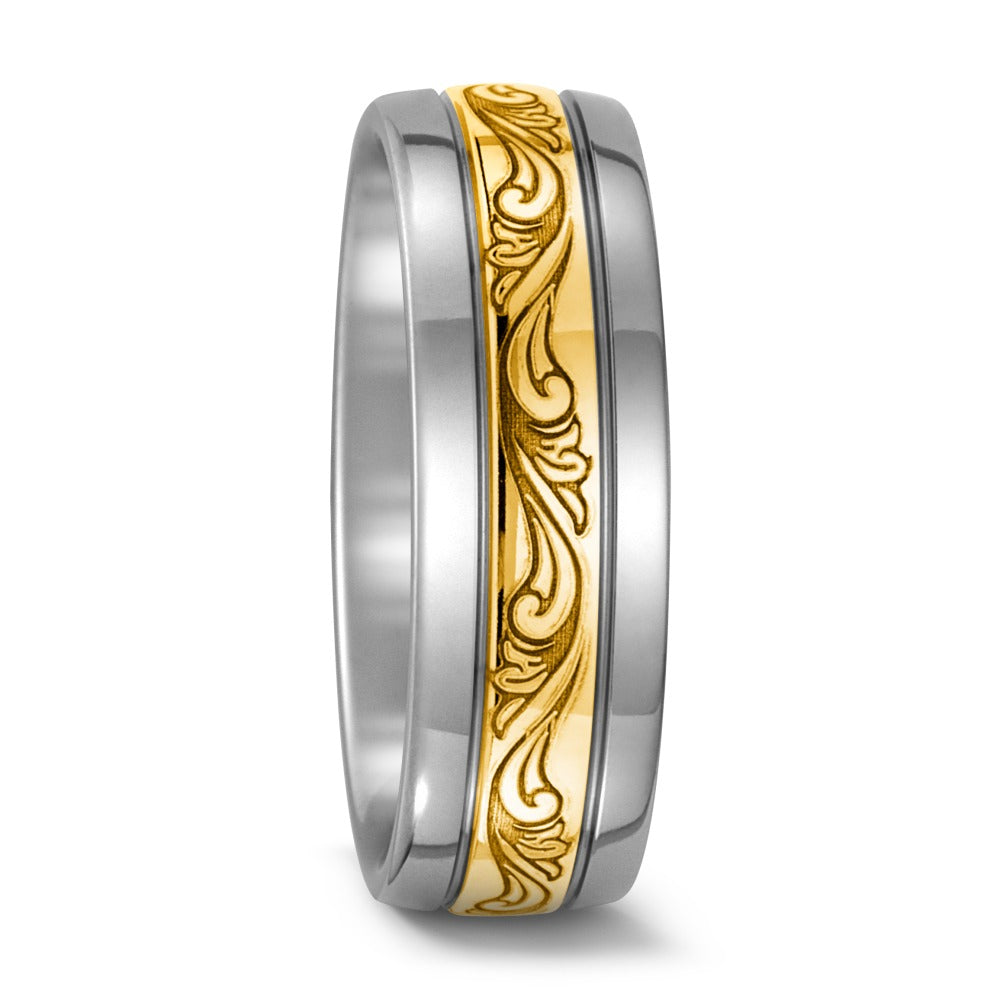 Titanium & 18ct Yellow Gold patterned ring, 7.5 mm wide, 2.3mm deep, Comfort Court profile, Hypoallergenic, 52468/000/000/7201