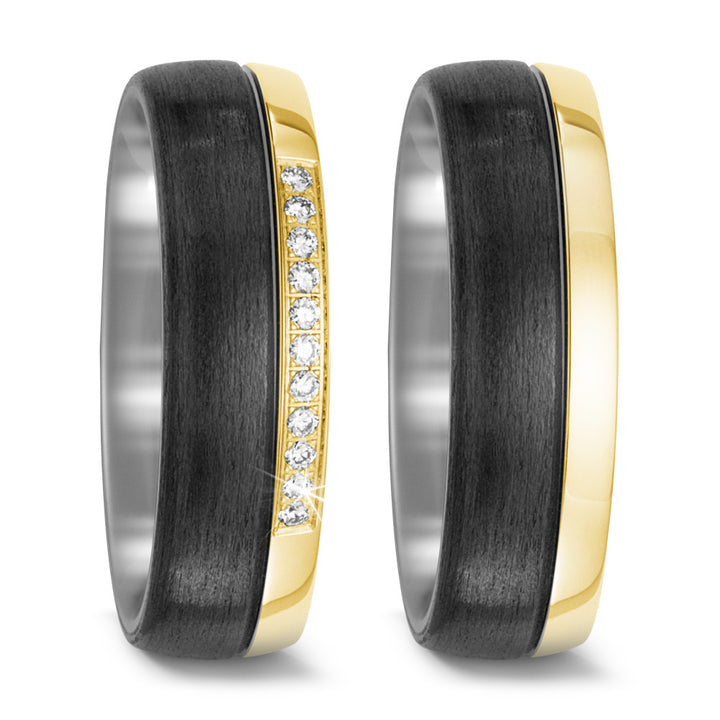 Pair of Black Carbon Fibre Titanium & 18ct Yellow Gold rings, Plain & Diamond set, 7mm wide, 2.4mm deep, Comfort court profile, Hypoallergenic, 52473/000/000/7251