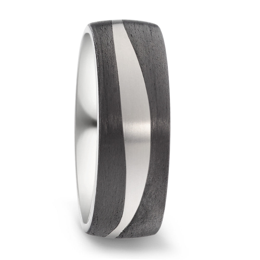 Black Carbon Fibre Ring with Titanium Wave, 7mm wide, 2.5 mm deep, Comfort court profile, 52548/001/000/2050