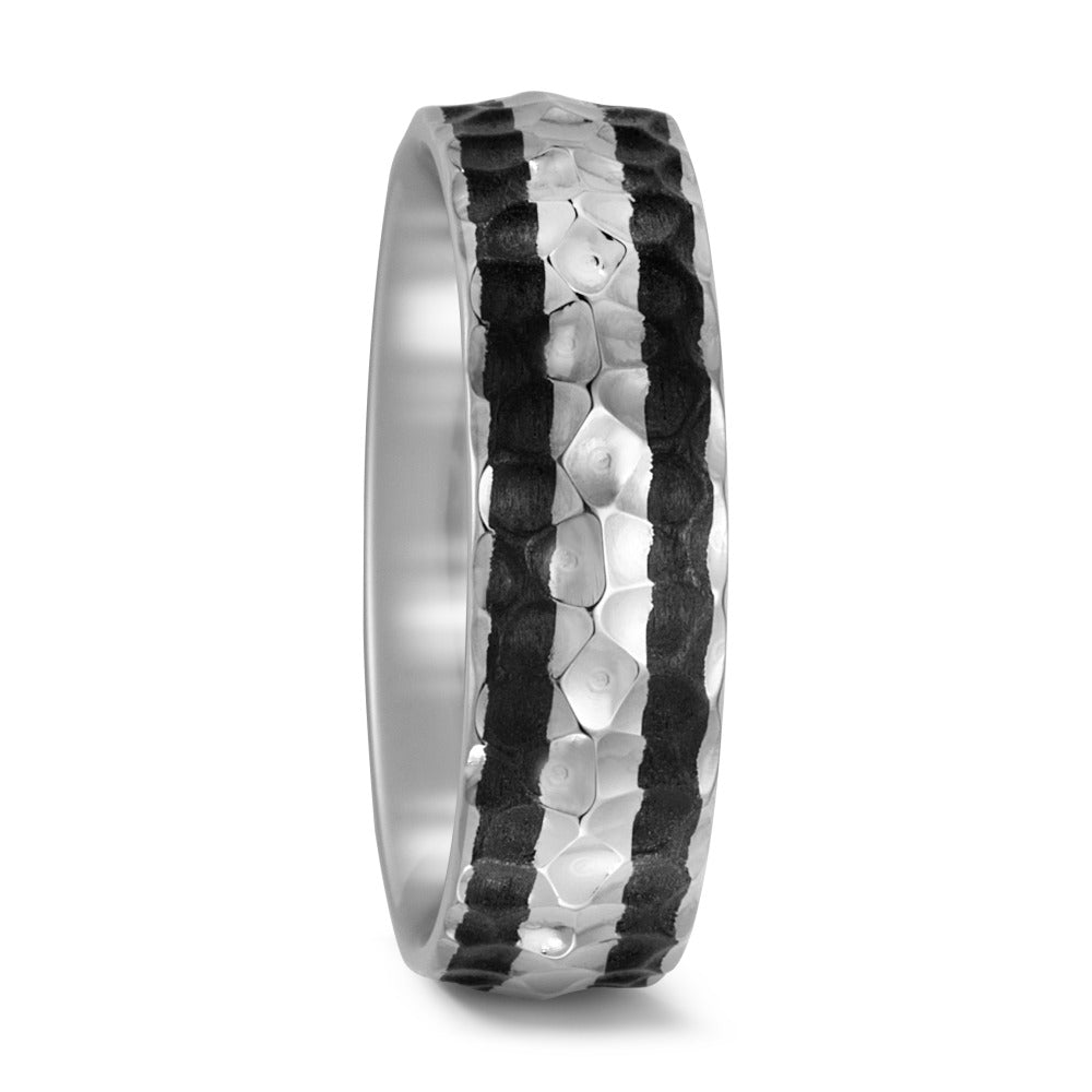 Titanium &Black Carbon Fibre ring, 7mm wide, 2.5mm deep, 'Hammered' surface finish, Court profile, Hypoallergenic, 52461/000/000/2050