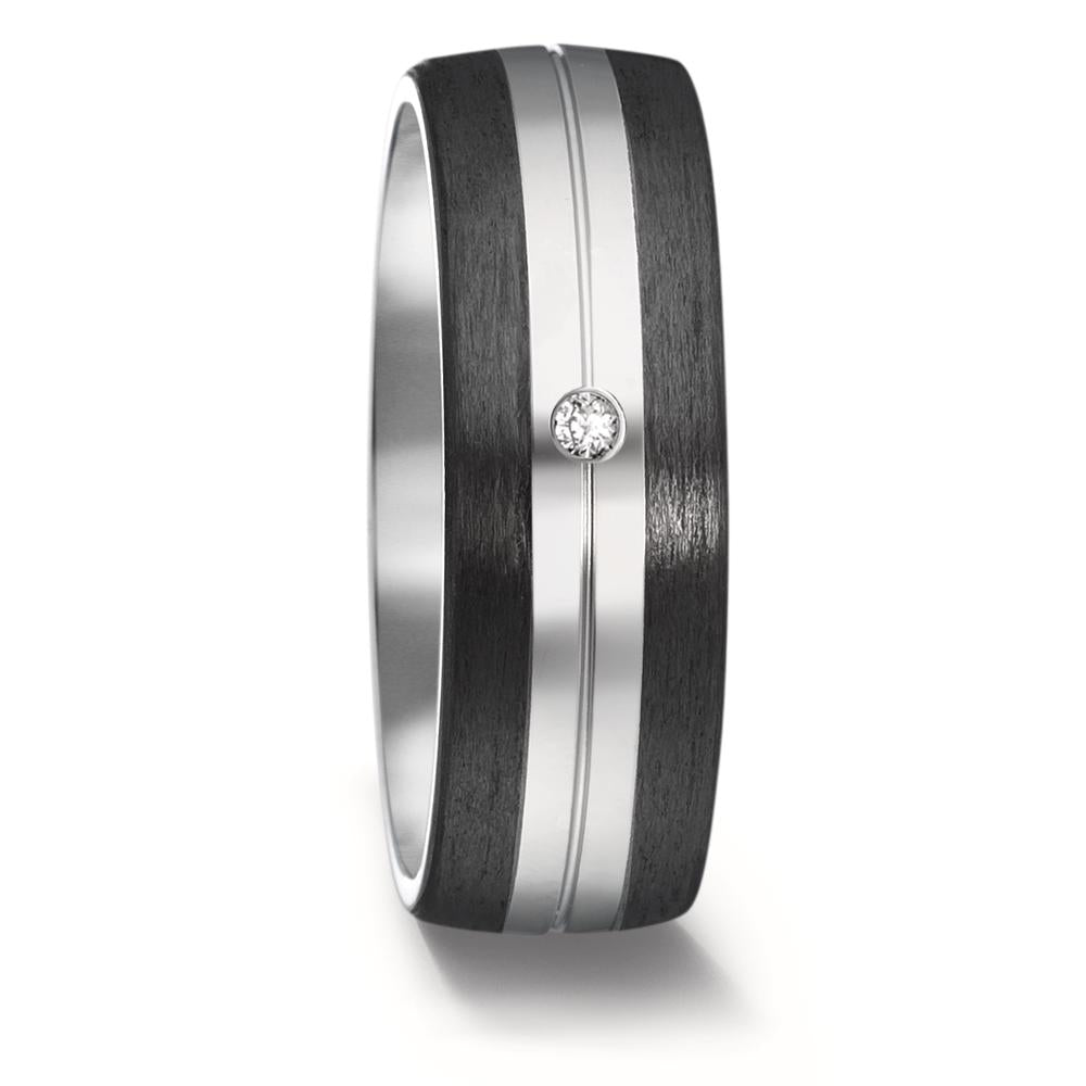 Black Carbon Fibre & Titanium Ring, 0.02ct Diamond set, 7mm wide, 2.4mm deep, Polished & brushed finish, Comfort court profile, 52474/000/003/2050