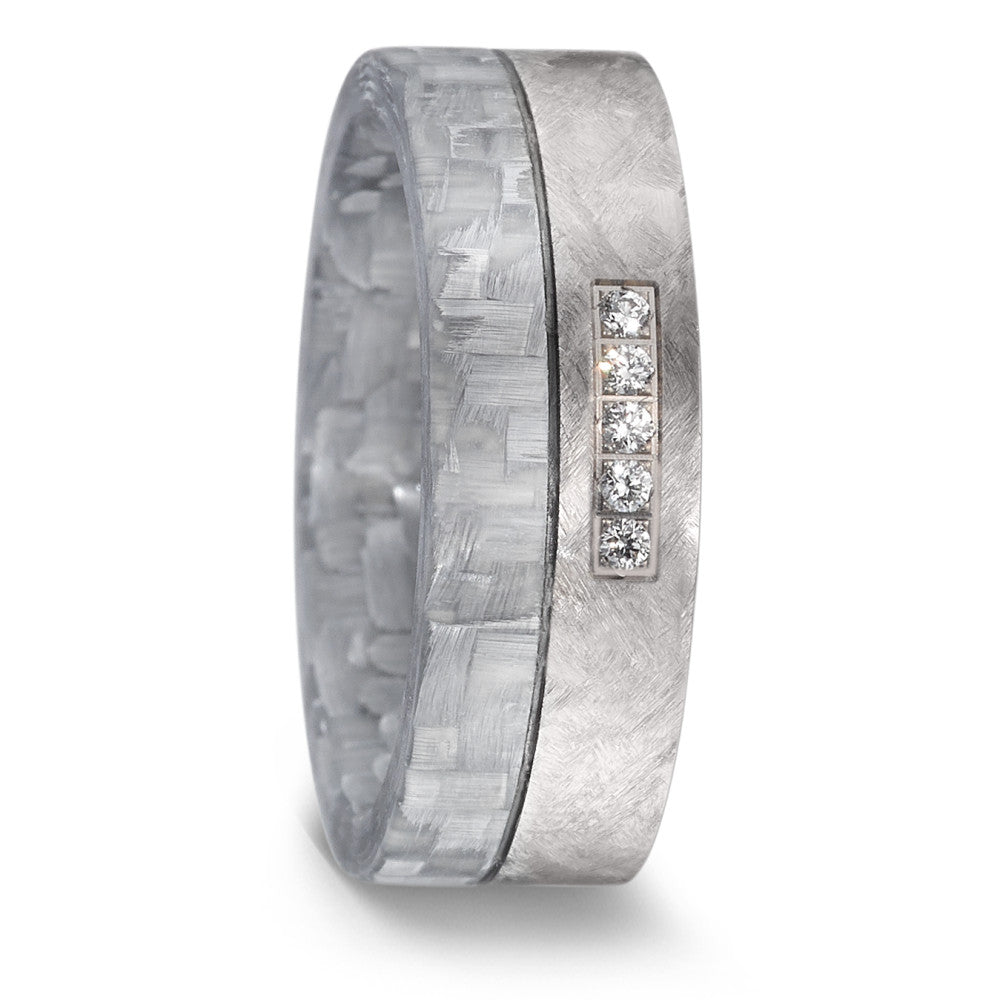 'White' Carbon Fibre & Titanium ring, set with 0.05ct diamonds, 7mm wide, 2.2mm deep, Ice Matt surface finish, Flat profile, 52598/023/005/N270
