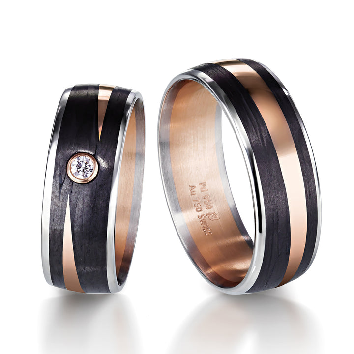 Pair of Palladium 18ct Rose Gold & Black Carbon Fibre rings, plain or set with 1 round 'brilliant cut' diamond, 0.04ct graded F/G 7mm wide, 1.7mm deep 