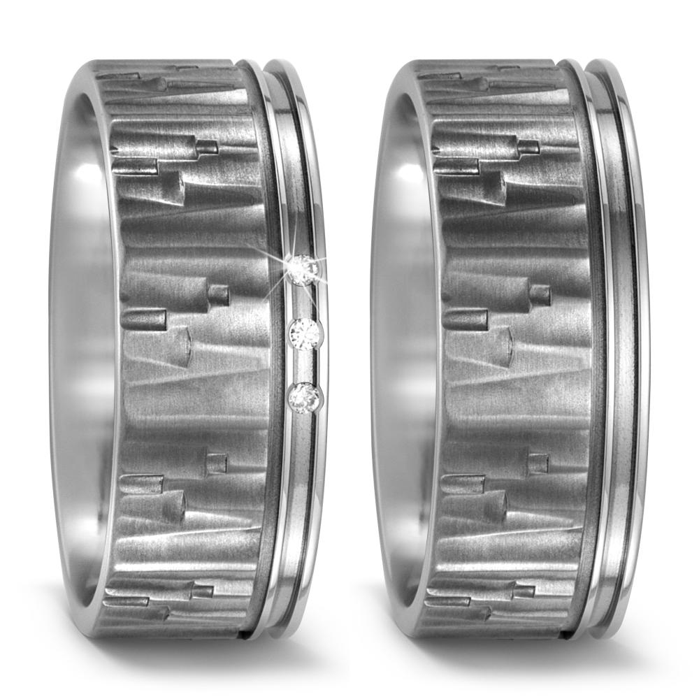 Pair of Titanium rings, Plain & Diamond set, 8.5 mm wide, 2 mm deep, Flat exterior profile with court interior, Uniquely textured with groove, Hypoallergenic, 52479-001-000-2000