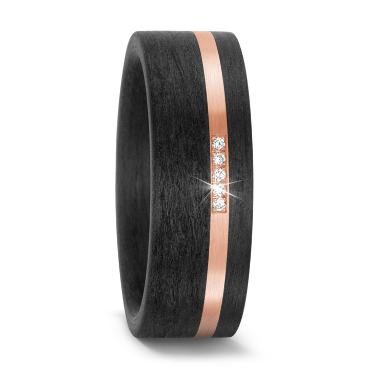 Black Carbon Fibre & 14ct Rose Gold stripe ring, Set with 5 diamonds 0.02ct, 8mm wide, 2.6mm deep, Flat exterior with courted interior, 59315-003-002-N556