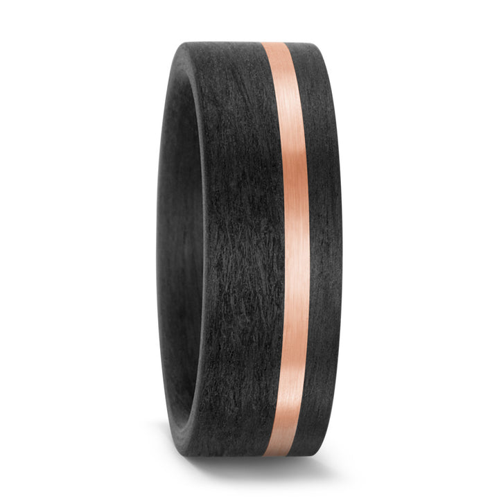 Black Carbon Fibre & 14ct Rose Gold stripe ring, 8mm wide, 2.6mm deep, Flat exterior with courted interior, 59315-003-000-N556