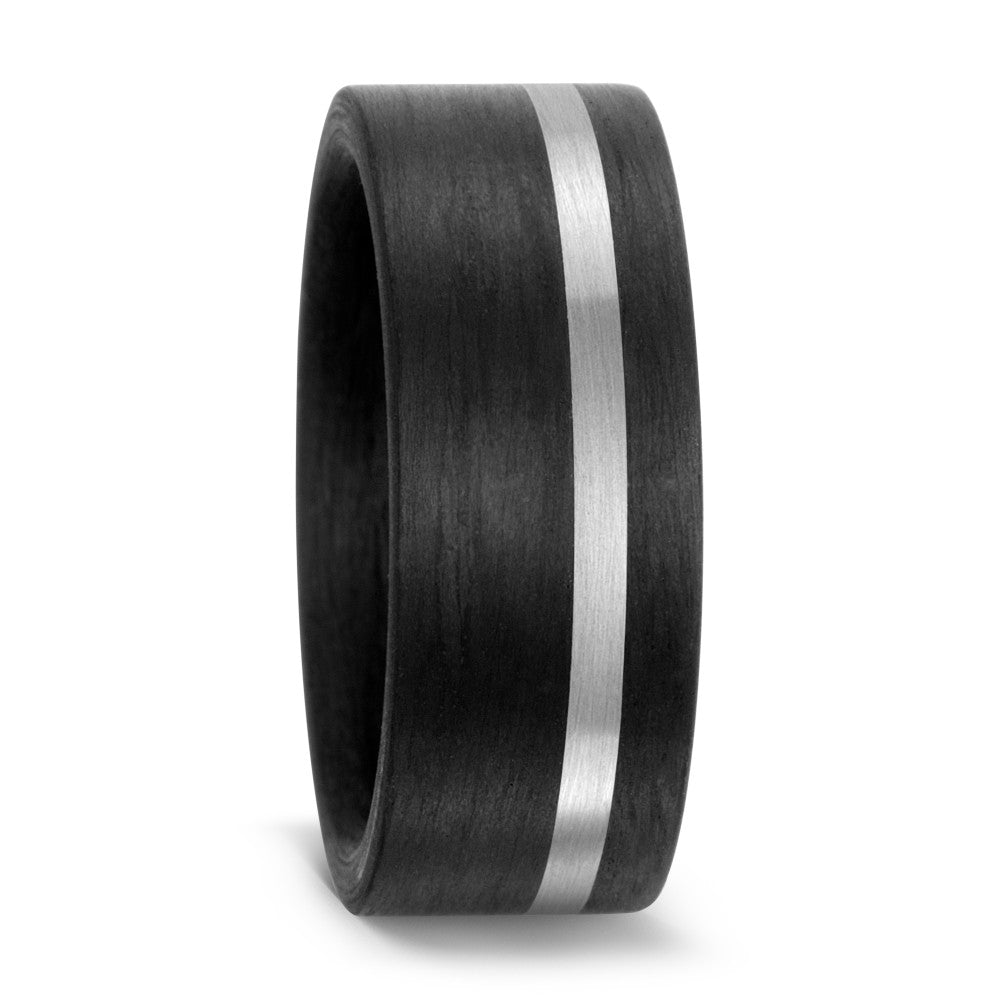 Black Carbon Fibre ring with Stripe options in Titanium or Palladium 500, 8mm wide, 2.6mm deep, Flat profile, 59315-003-000-N200