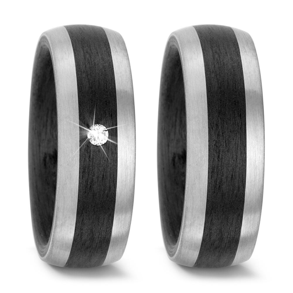 Pair of Black Carbon Fibre & Palladium 500 rings, Plain & diamond set, 8mm wide, 3.1 mm deep, Comfort court profile, 59319-003-000-NU55