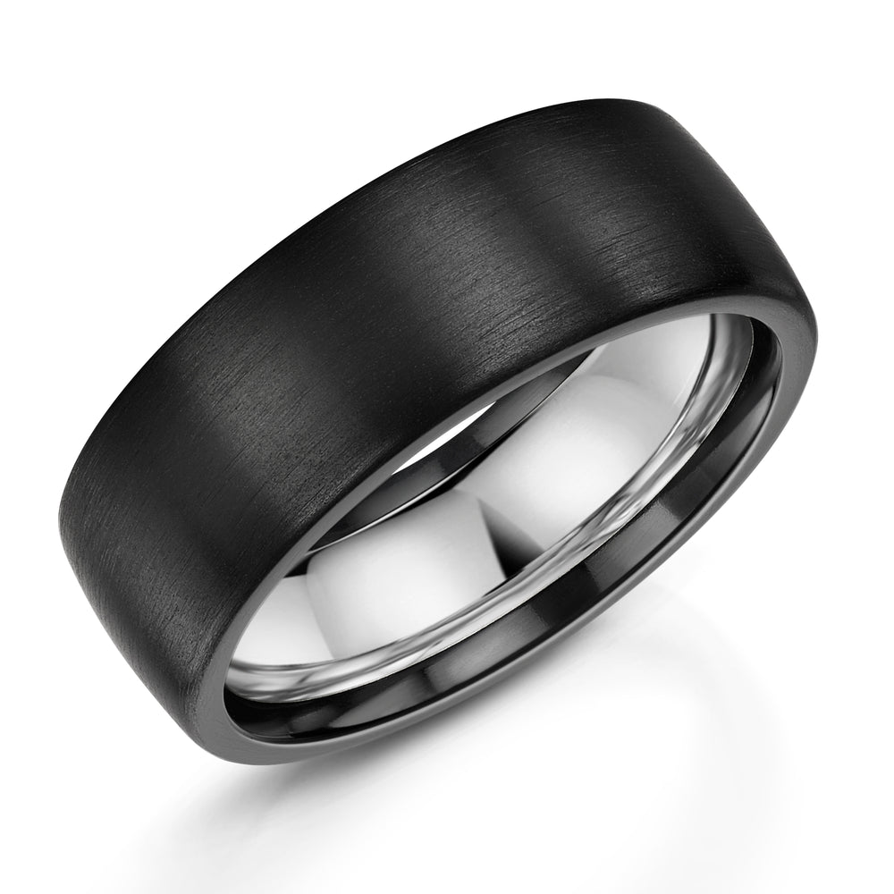 Zirconium, matt black finish, Sterling Silver interior, 8mm, Comfort Flat profile, Hallmarked "Silver & Other Metal" by Birmingham Assay Office