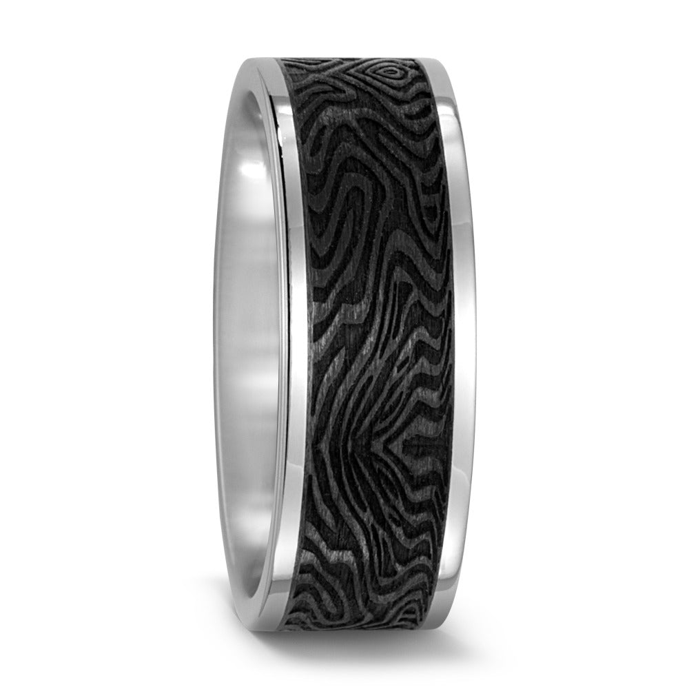 Black Carbon Fibre & Titanium ring, zebra pattern, 8mm wide, 2mm deep, Flat exterior profile with courted interior, 52463/000/000/2050
