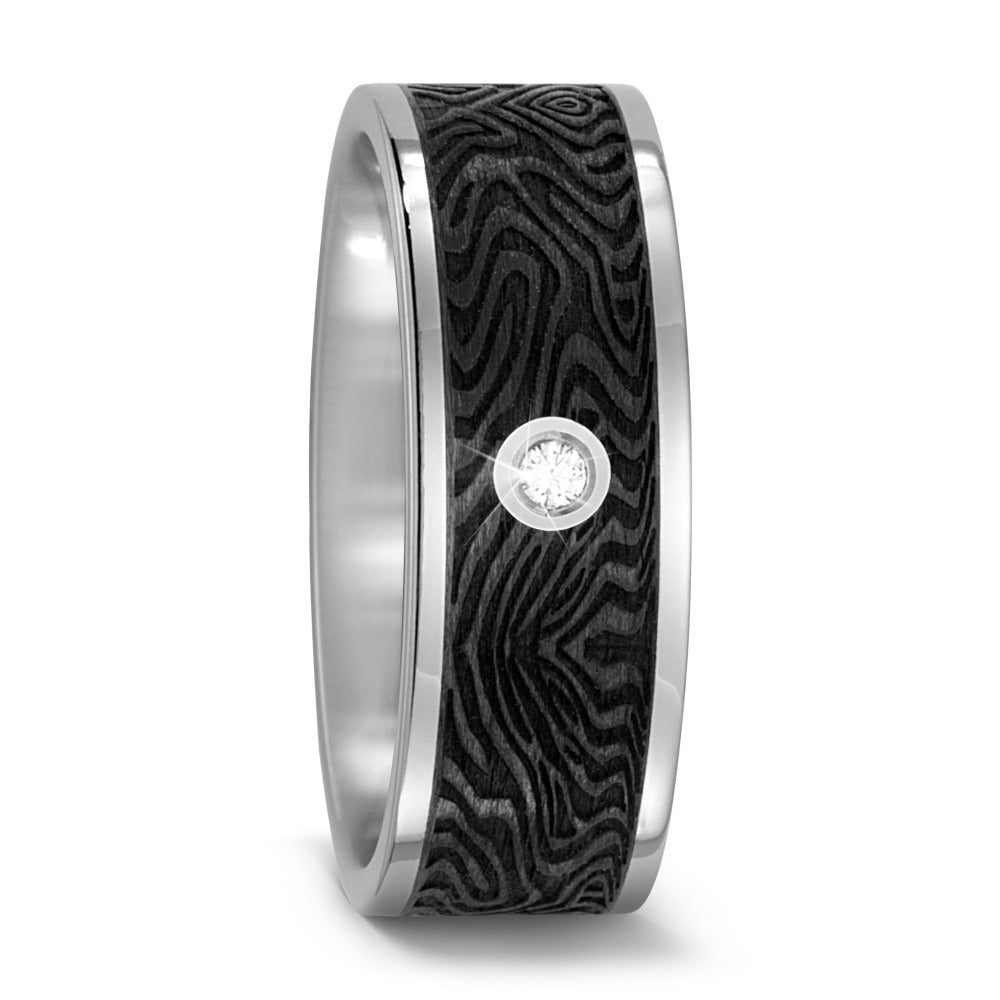 Black Carbon Fibre & Titanium ring, zebra pattern, 0.03ct diamond, 8mm wide, 2mm deep, Flat exterior profile with courted interior, 52463/000/003/2050
