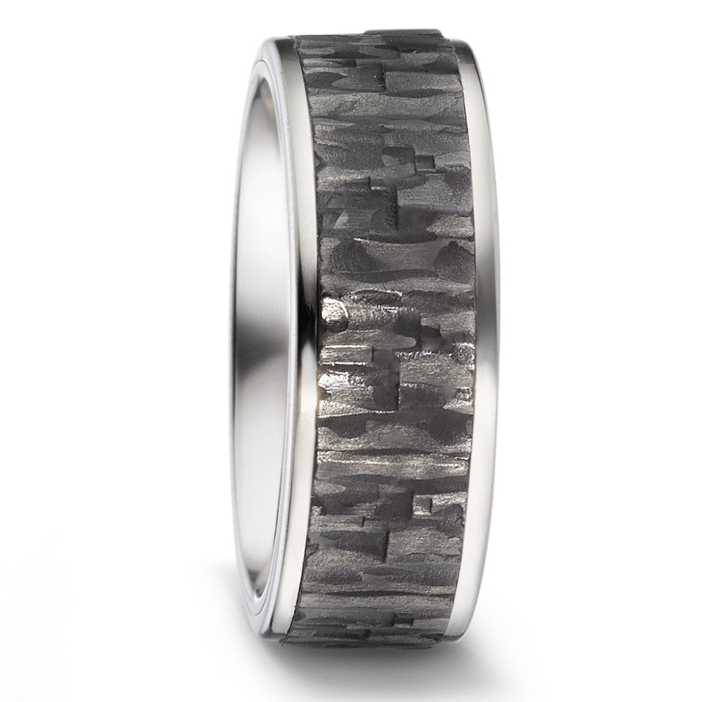 Titanium & Black Carbon Fibre ring, 8mm wide, 2.5mm deep, Textured with Polished edges, Flat profile, Hypoallergenic, 52546/001/000/2050