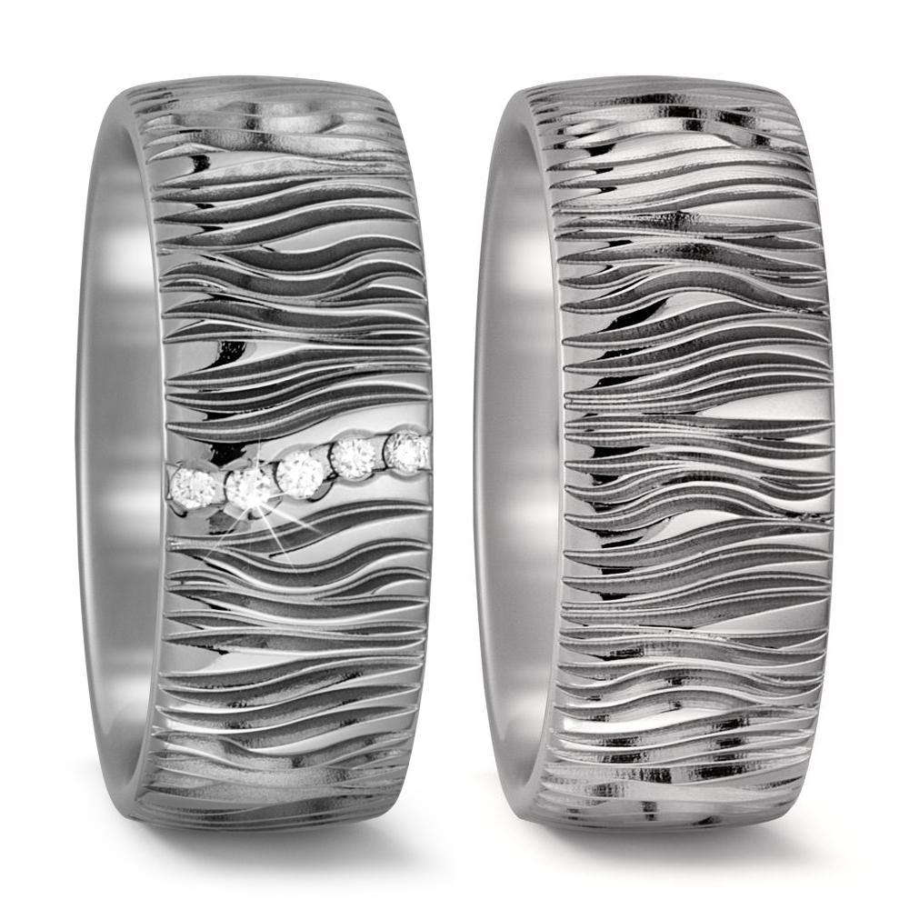 Pair of wave textured Titanium rings, 8 mm wide, 2.6 mm deep, Comfort court profile, Wave, Texture, Hypoallergenic, 0.05ct Diamonds, 52459-001-000-2000