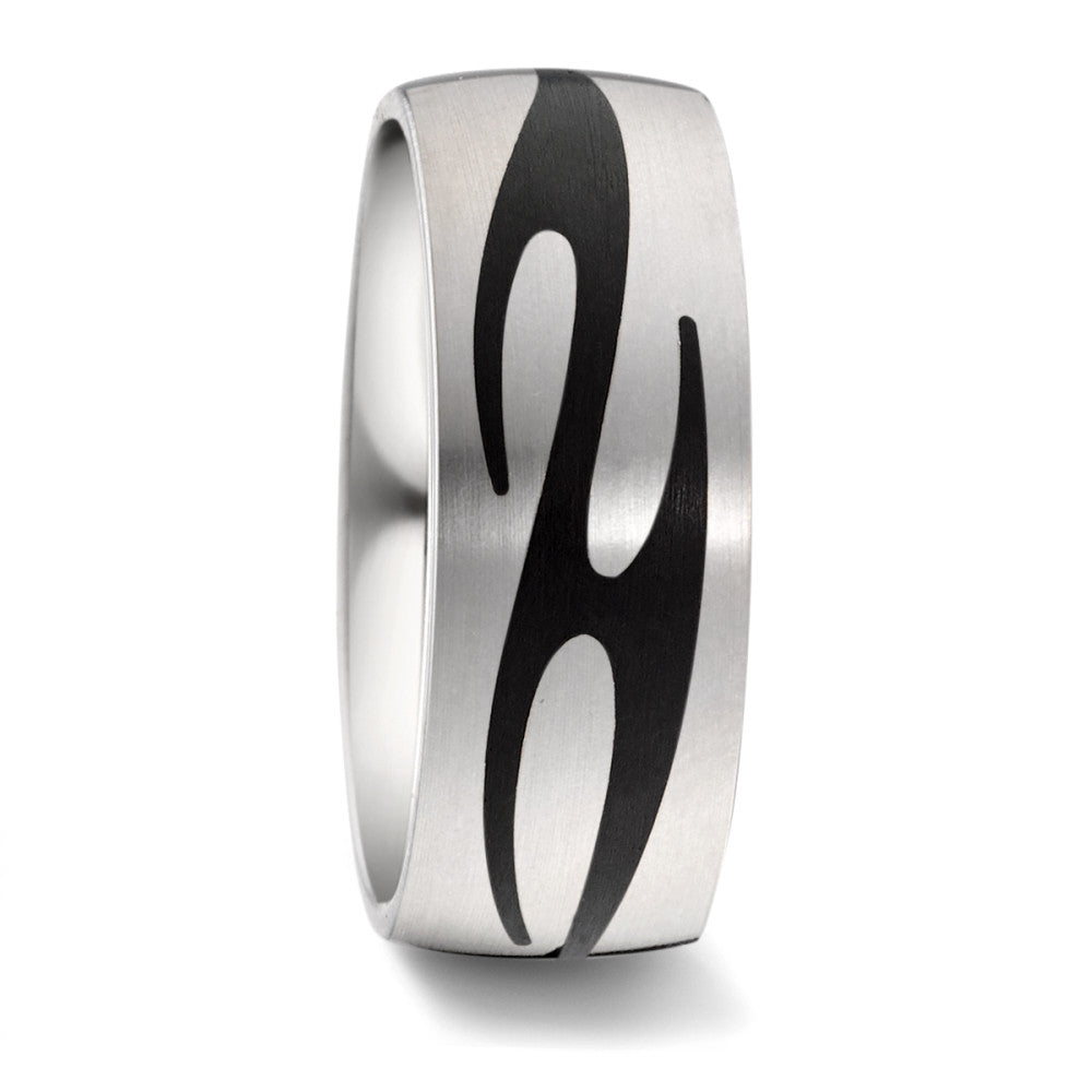 Titanium & Black Carbon Fibre Patterned ring, 8mm wide 2.5mm deep, Matt surface finish, Comfort court profile, 52551/001/000/2050