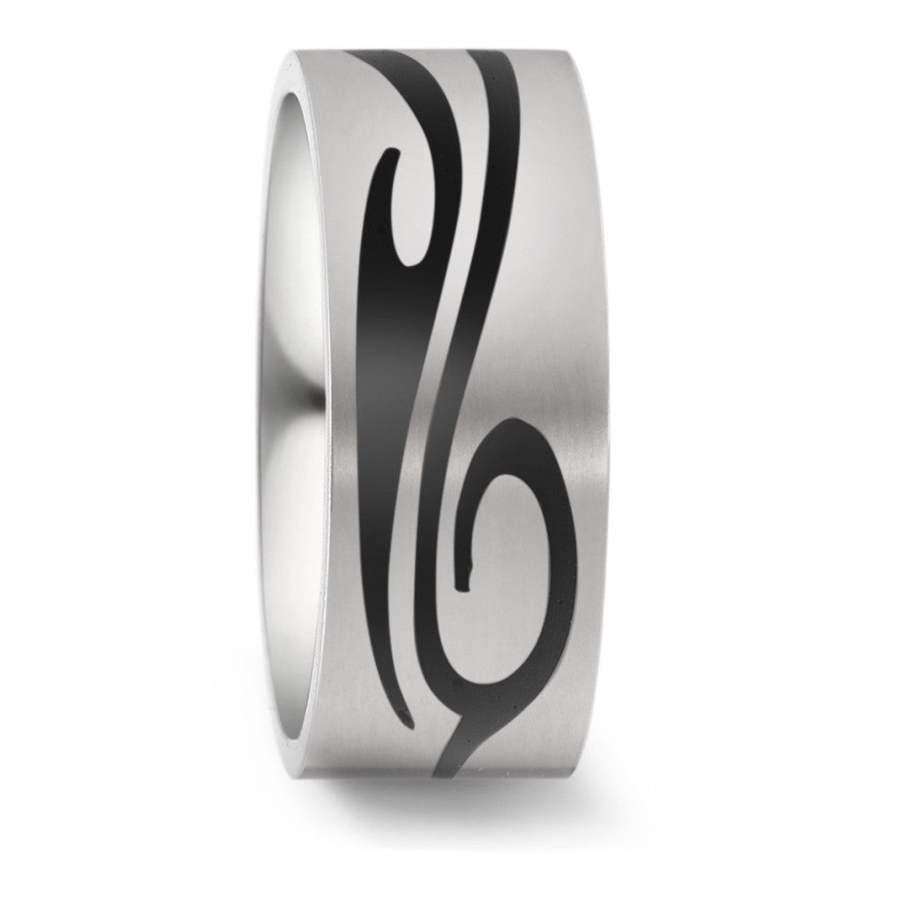 Titanium & Black Carbon Fibre Patterned ring,  8mm wide, 2.5mm deep, Matt surface finish, Flat profile, 52550/001/000/2050