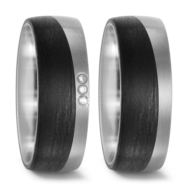 Pair of Titanium & Black Carbon Fibre ring, Plain & 3 x diamond, 8mm wide, 2.5mm deep, Matt surface finish, Comfort court profile, Hypoallergenic, 52469/001/000/2050