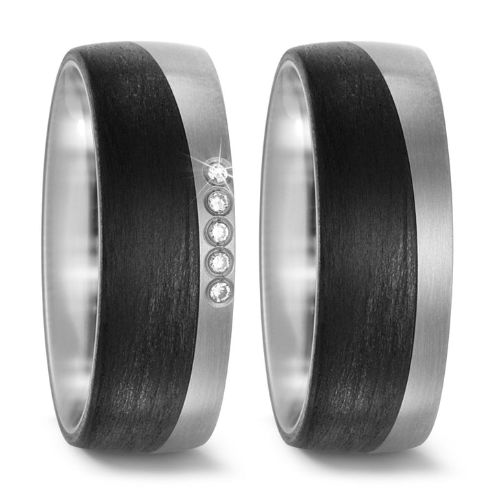 Pair of Titanium & Black Carbon Fibre ring, Plain & 5 x diamond, 8mm wide, 2.5mm deep, Matt surface finish, Comfort court profile, Hypoallergenic, 52469/001/000/2050