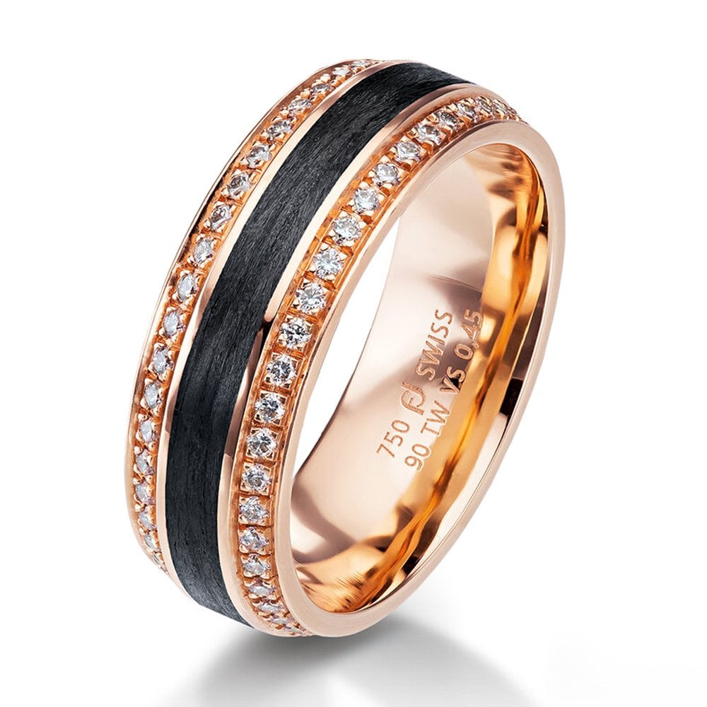 18ct Rose Gold & Black Carbon Fibre, 44 brilliant cut diamonds (total weight 22pts) graded F/G vs, 6.5mm wide, Available now in size 54 (UK N) leading edge