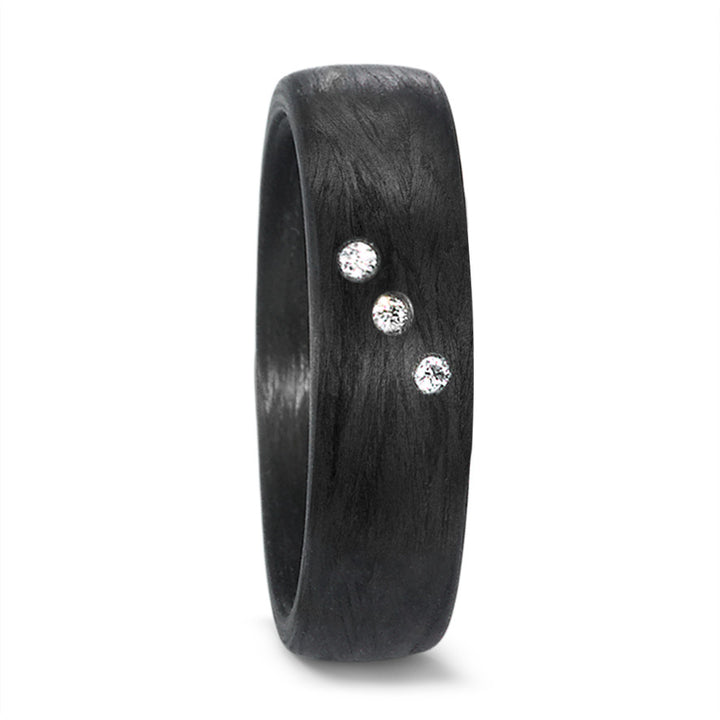 Black Carbon Fibre ring, Three diamonds 0.03ct, 6mm wide, 2.7mm deep, Comfort Court profile, 59303-002-003-N000