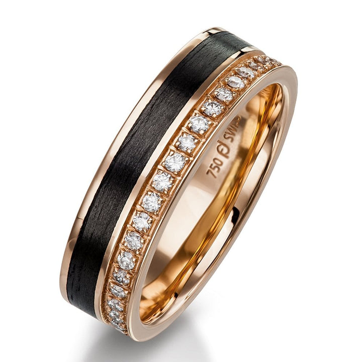 Furrer Jacot 18ct Rose Gold & Black Carbon Fibre ring set with 20 brilliant cut round diamonds (approx total weight 0.16ct) graded F/G vs, 5.5mm wide, 1.8mm deep, 61-53150 