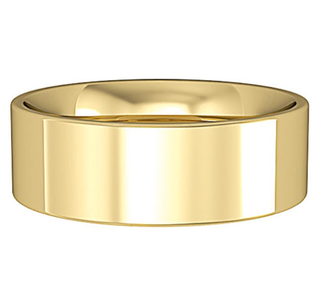9ct Yellow Gold , 6mm or 7mm widths, 2mm deep (6mm), 2.3mm deep (7mm), Flat Court profile, Polished - other surface finishes available on request, Made in England, AVAILABLE IN 14 DAYS IN MOST SIZES (from date of size confirmation), Other sizes including half sizes available on request