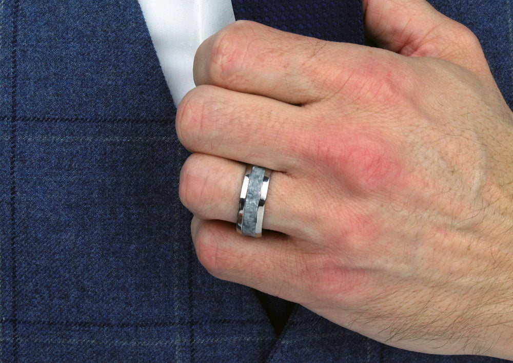 Model wearing 'White' Carbon Fibre & Titanium ring, 8mm wide, 2.2mm deep, Polished edges, Concave exterior profile with courted interior, 52557/001/000/2070