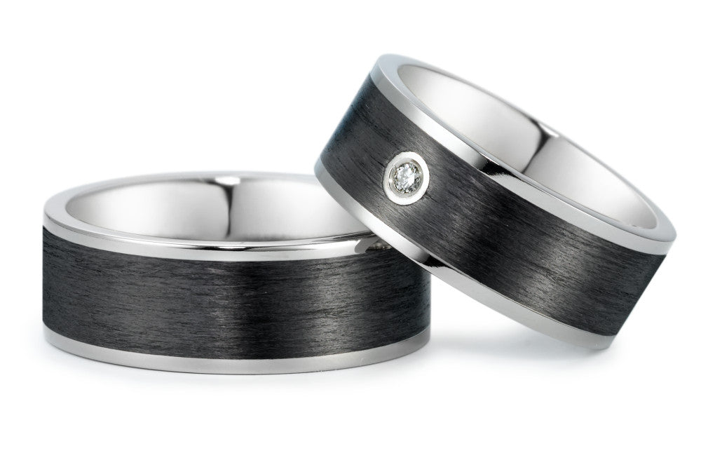 Pair of Titanium & Black Carbon Fibre rings, Plain & diamond set, 8mm, 2mm deep, Flat profile, Hypoallergenic, 52488-000-000-2050