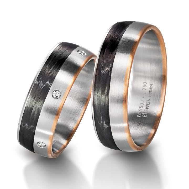 Pair of platinum & Black Carbon fibre rings with 18ct Rose Gold detail, plain & diamond set with 6 diamonds, 6.5mm wide, Court profile - Furrer Jacot 71-29260 & 71-84260