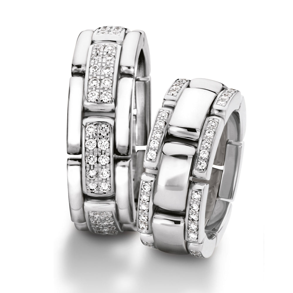 Pair of 18ct White Gold rings, Plain and set with 70 diamonds (approx total weight 0.70ct) graded F/G VS, 8mm wide, Articulated link design, polished surface finish, 62-51760-0-0, Furrer Jacot