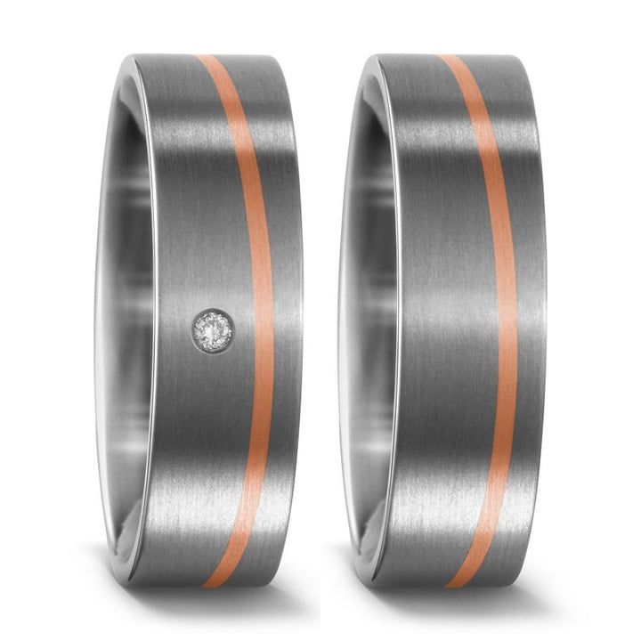 Pair of Titanium Rings with 18ct Rose Gold Wave Detail, Plain & Diamond set, 6.5mm wide, 1.7mm deep, Brushed matte surface finish, Flat exterior profile with courted interior, Hypoallergenic, 51446/001/000/7203