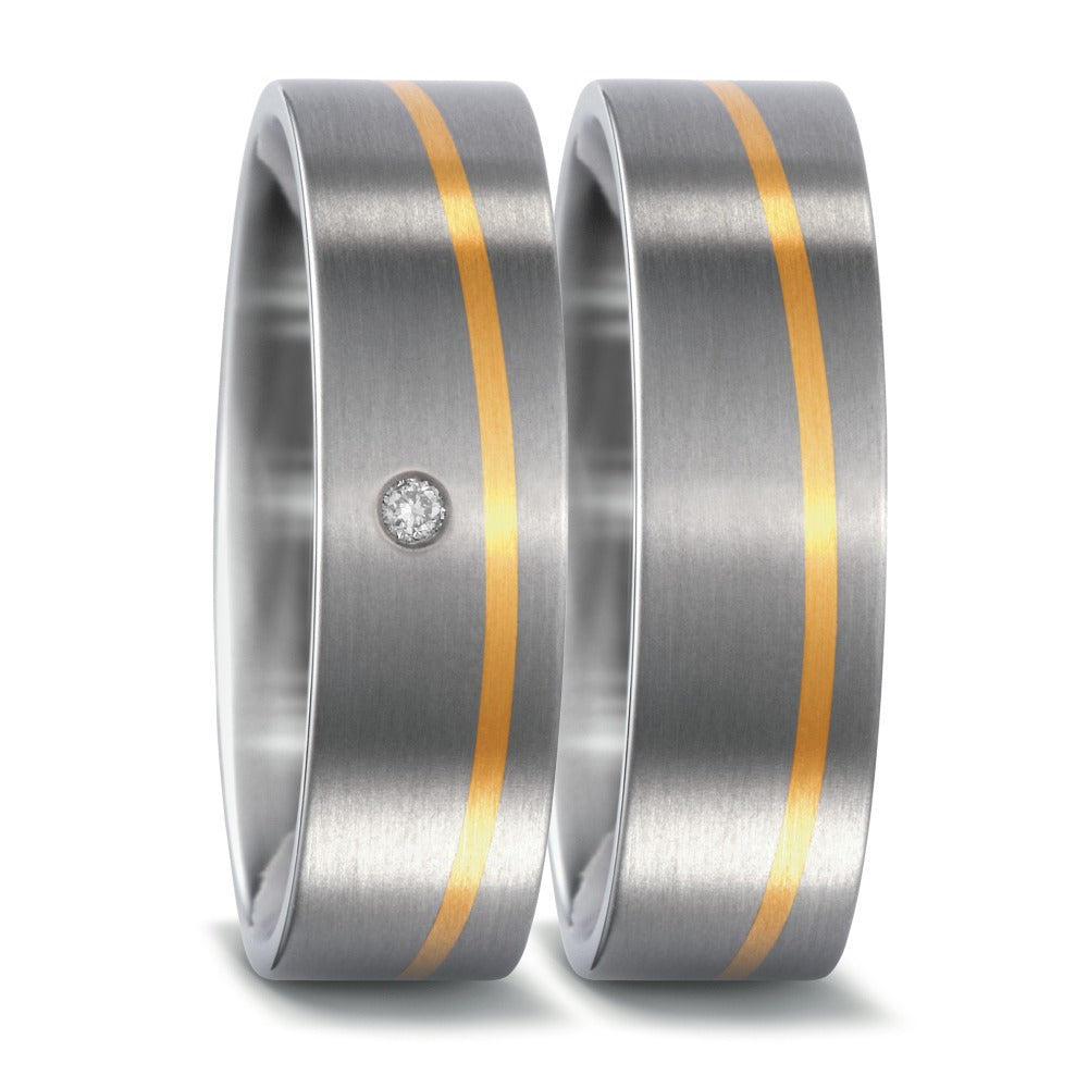 Pair of Titanium Rings with 18ct Yellow Gold Wave Detail, Plain & Diamond set, 6.5mm wide, 1.7mm deep, Brushed matte surface finish, Flat exterior profile with courted interior, Hypoallergenic, 51446/001/000/7201