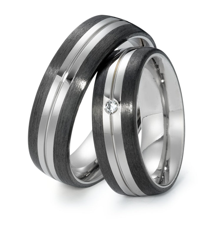 Pair of Black Carbon Fibre & Titanium Rings, Plain & diamond set 0.02ct, 7mm wide, 2.4mm deep, Polished & brushed finish, Comfort court profile, 52474/000/000/2050