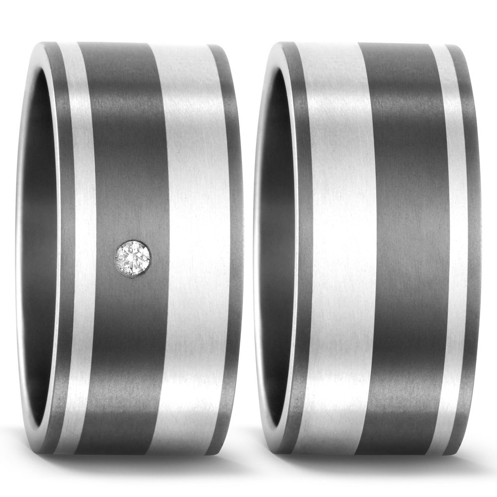 Pair of Titanium & Sterling Silver rings, plain & diamond set, 9mm wide, 1.7 mm deep, Flat profile, Hypoallergenic, 50933/002/000/9202