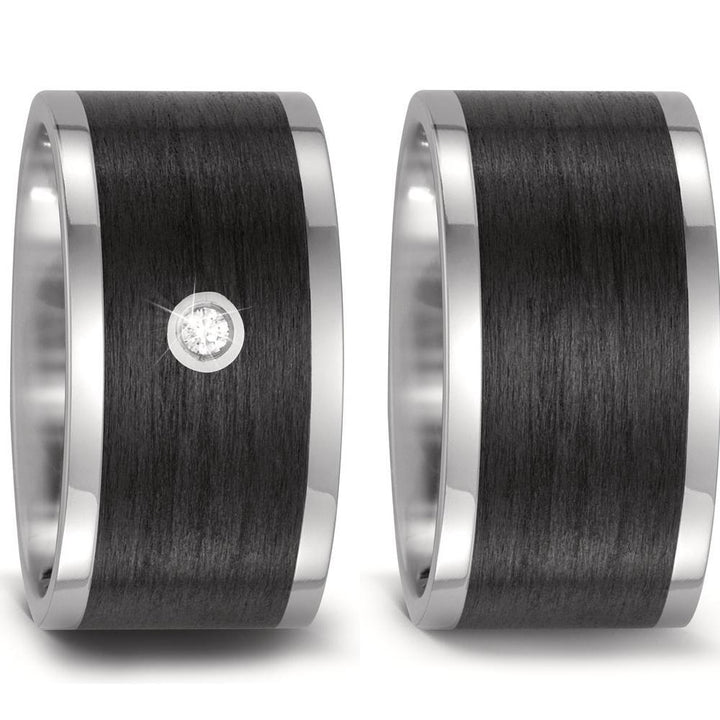 Pair of Titanium & Black Carbon Fibre rings, Plain & diamond set, 8mm, 2mm deep, Flat profile, Hypoallergenic, 52476-000-000-2050