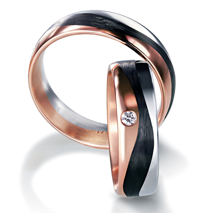 Pair of Furrer Jacot 'Path' Rings both plain & diamond set; Platinum, 18ct Yellow Gold & Black Carbon Fibre, diamond weighs 4pts, 6.0mm wide, Comfort Court profile