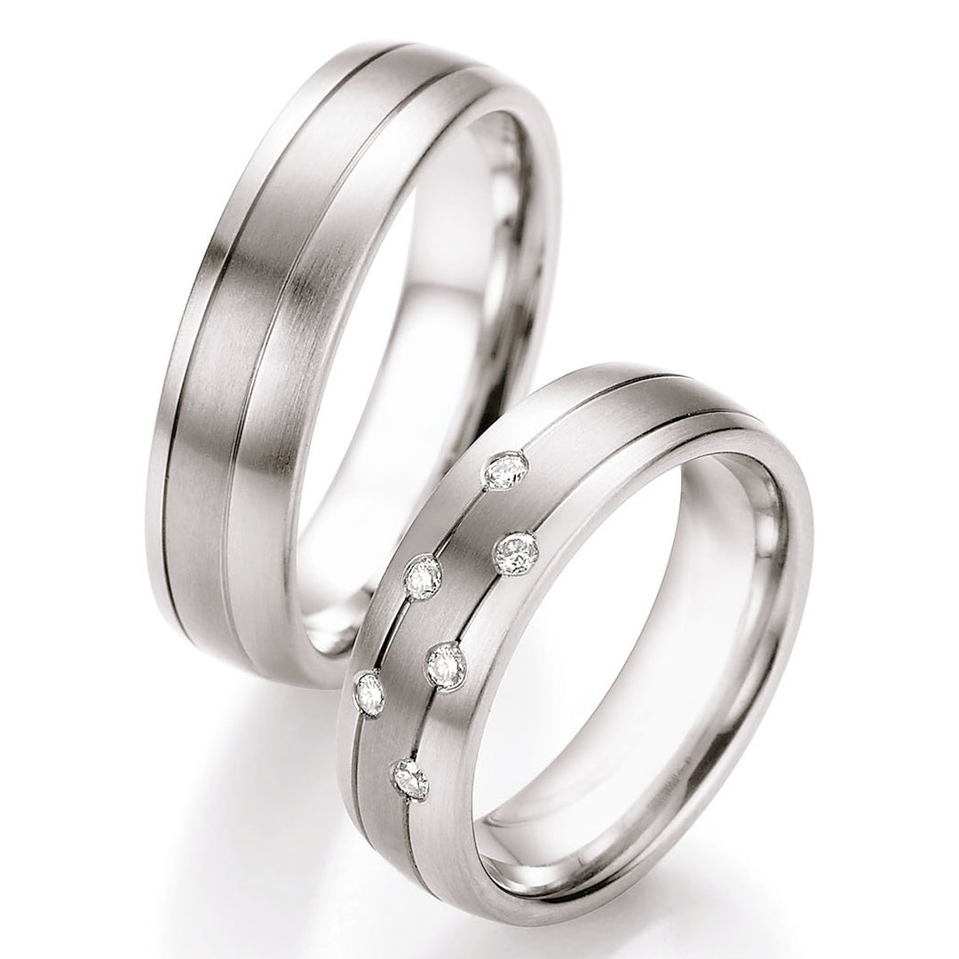 Pair of Surgical Steel & Titanium Rings, Plain & Diamond set with 0.12ct, 6mm wide, Comfort Court profile, Hypoallergenic, 68/06040-060-06