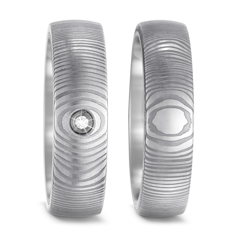 Pair of Titanium & Damascus Steel Rings, Plain & Diamond set, 6mm wide, 2.8mm deep, Layered effect, Comfort court profile, 52538/001/000/T200 6mm