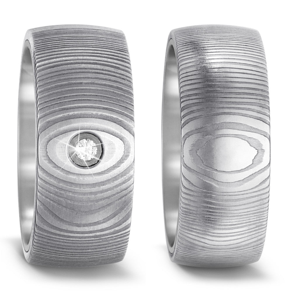 Pair of Titanium & Damascus Steel Ring, Plain & Diamond set, 9mm wide, 2.8mm deep, Layered effect, Comfort court profile, 52538/001/000/T200 9mm