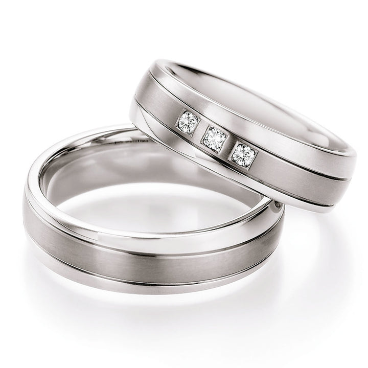 Pair of Titanium & Surgical Steel Rings, Diamond set with 3 diamonds, 0.12ct,  6mm wide, Comfort Court profile, Hypoallergenic, 68/06030-060-00