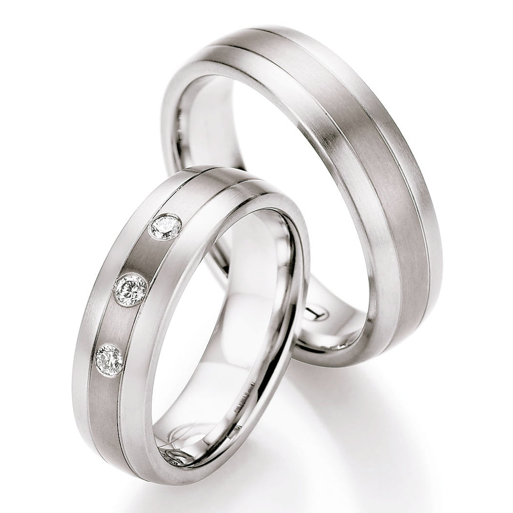 Pair of Titanium & Surgical Steel Rings, Plain & diamond set, 6mm wide, Comfort court profile, Hypoallergenic, 68/06030-060-00