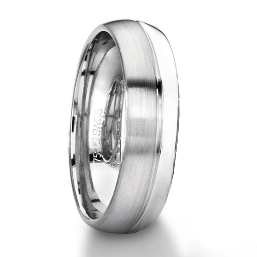 Available in Palladium in size 58 (UK Q) leading edge, Available in 18ct, White Gold in size 62 (UK T) leading edge, 6mm wide