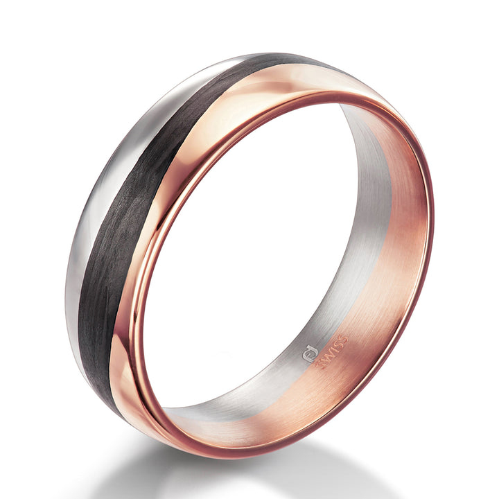 Furrer Jacot 'Path' Ring; Platinum, 18ct Rose Gold & Black Carbon Fibre, 6.0mm wide, Comfort Court profile