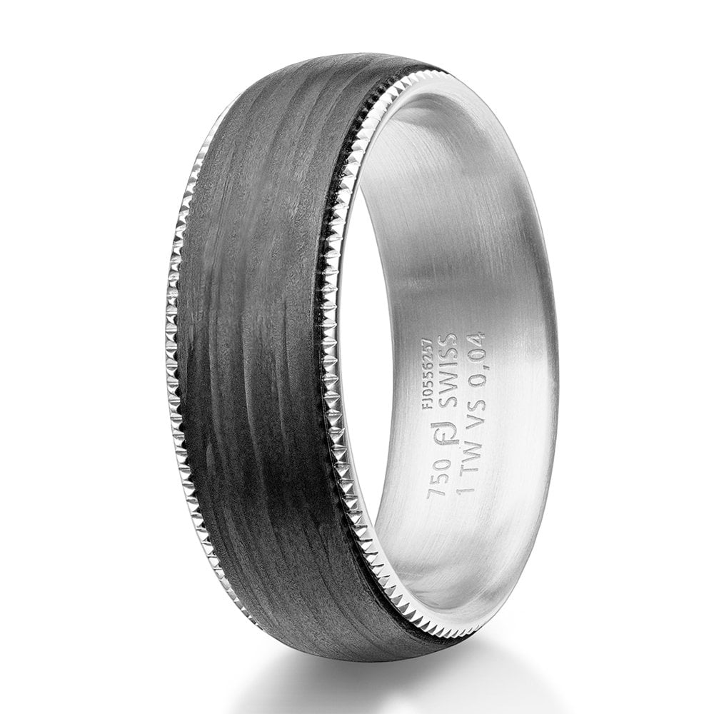 6.5mm wide Platinum & Black Carbon Fibre ring; traditional court shaped profile with milgrain edging detail