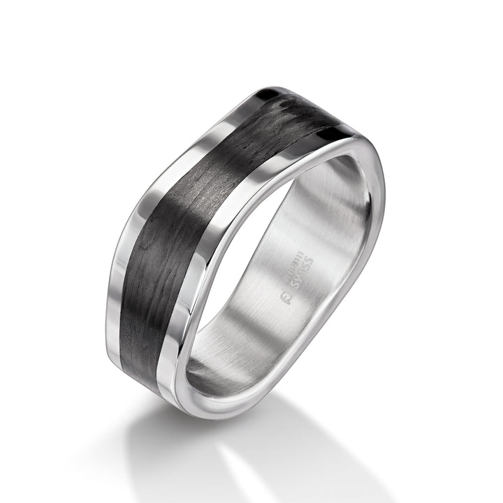 Platinum & Black Carbon Fibre Wave Ring, 8mm wide & 2.3mm deep, Designed by Furrer Jacot